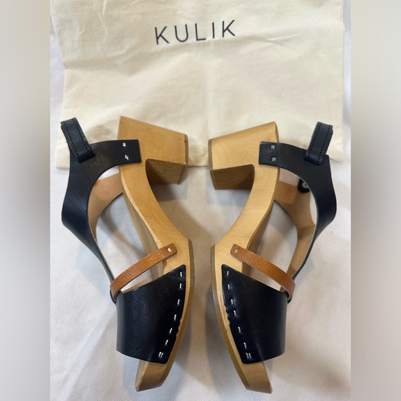 Kulik sandal clog, black w/brown accent leather & wooden sole size 40 EU / 9 US - Picture 3 of 9
